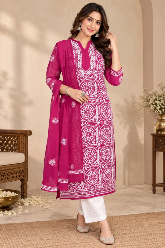 Lucknow Fashion Diary Hand Embroidered Lucknowi Chikankari Women's Magenta Georgette Kurta Dupatta