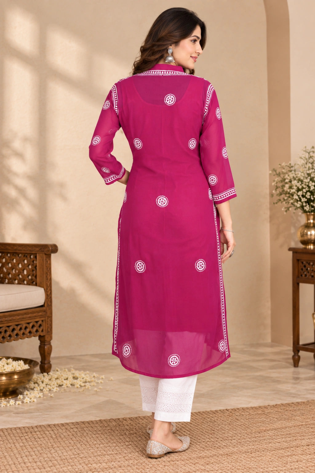 A woman wearing a magenta pink kurta with white circular embroidery and white pants, shown from the back in a warm, neutral-toned indoor setting.