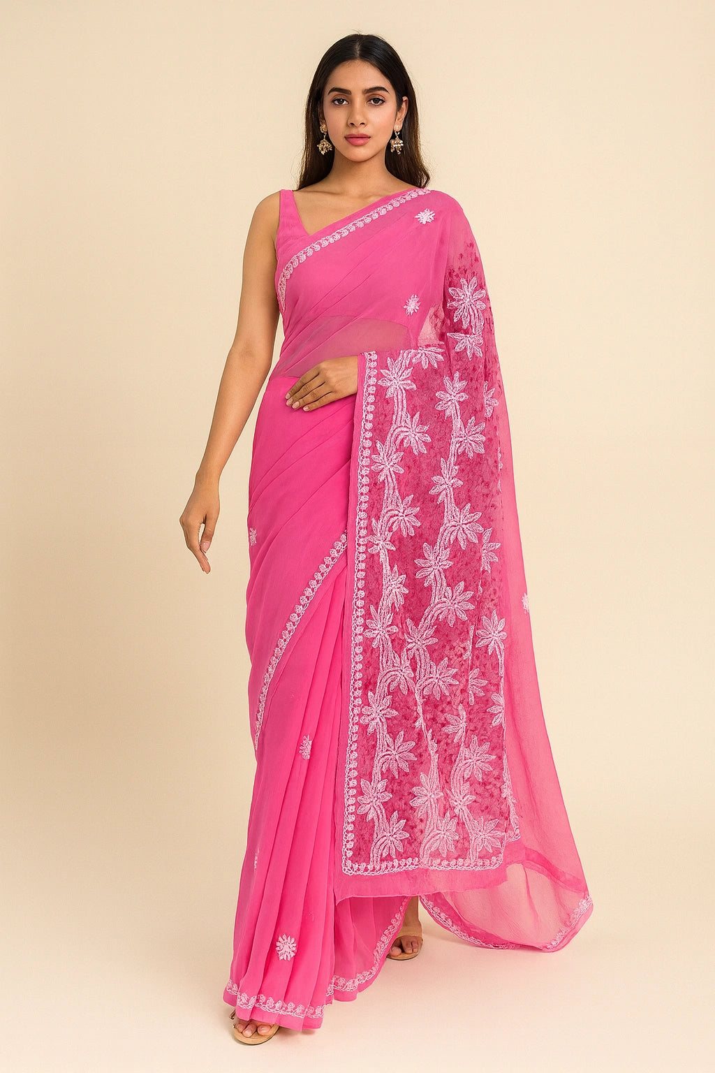 Lucknow Fashion Diary Hand Embroidered Lucknowi Chikankari Women's Magenta Georgette Saree With Blouse