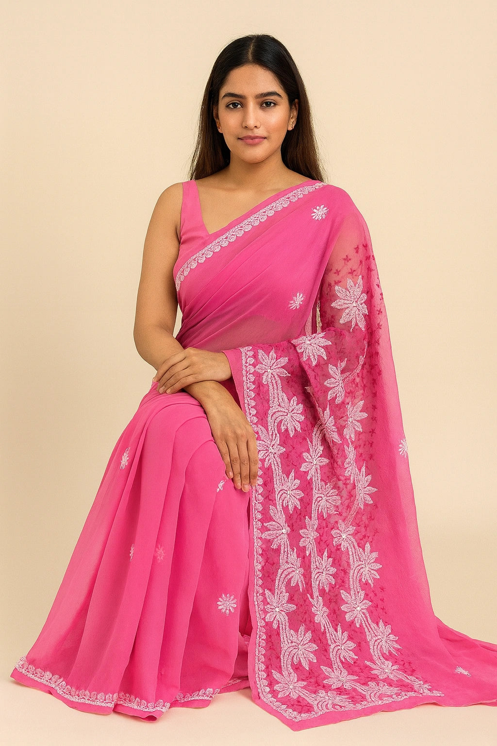 Woman wearing a pink saree with white floral embroidery on a beige background