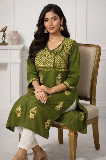 Lucknow Fashion Diary Hand Embroidered Lucknowi Chikankari Women's Mahendi Green Cotton Angrakha