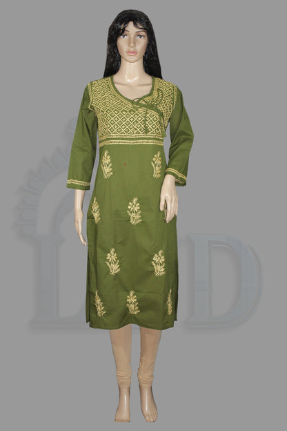 An olive green three-quarter sleeve kurta with gold floral and geometric embroidery, displayed on a female mannequin against a solid gray background.
