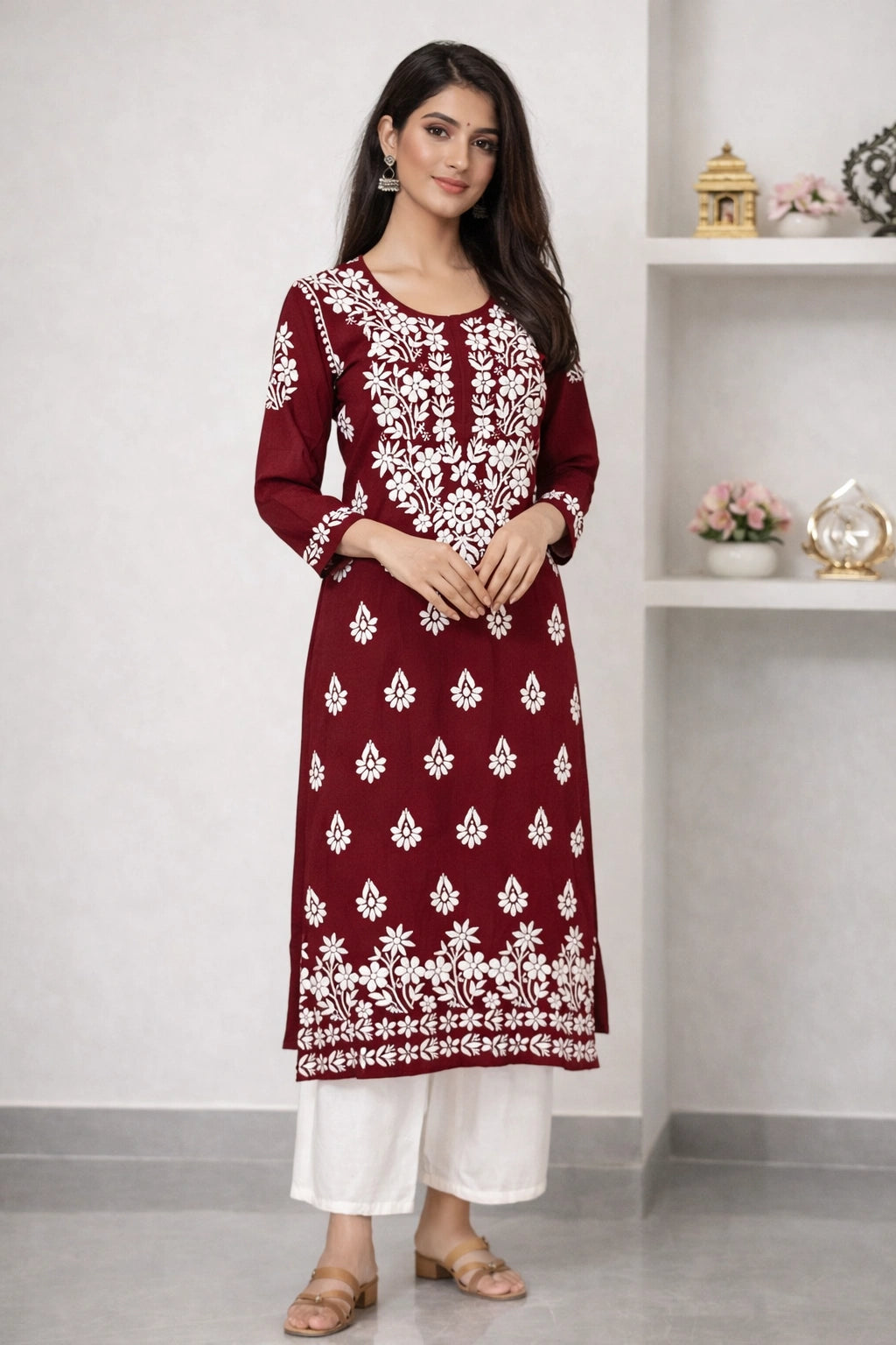 Woman wearing a maroon and white embroidered kurta with white pants in a minimalistic room.