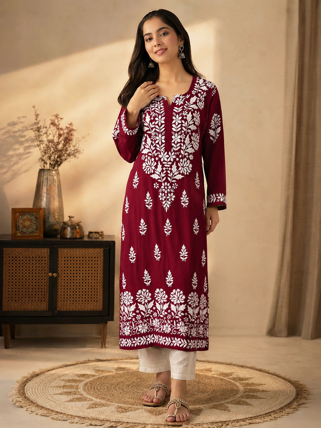 Lucknow Fashion Diary Hand Embroidered Lucknowi Chikankari Women's Maroon Modal Kurti