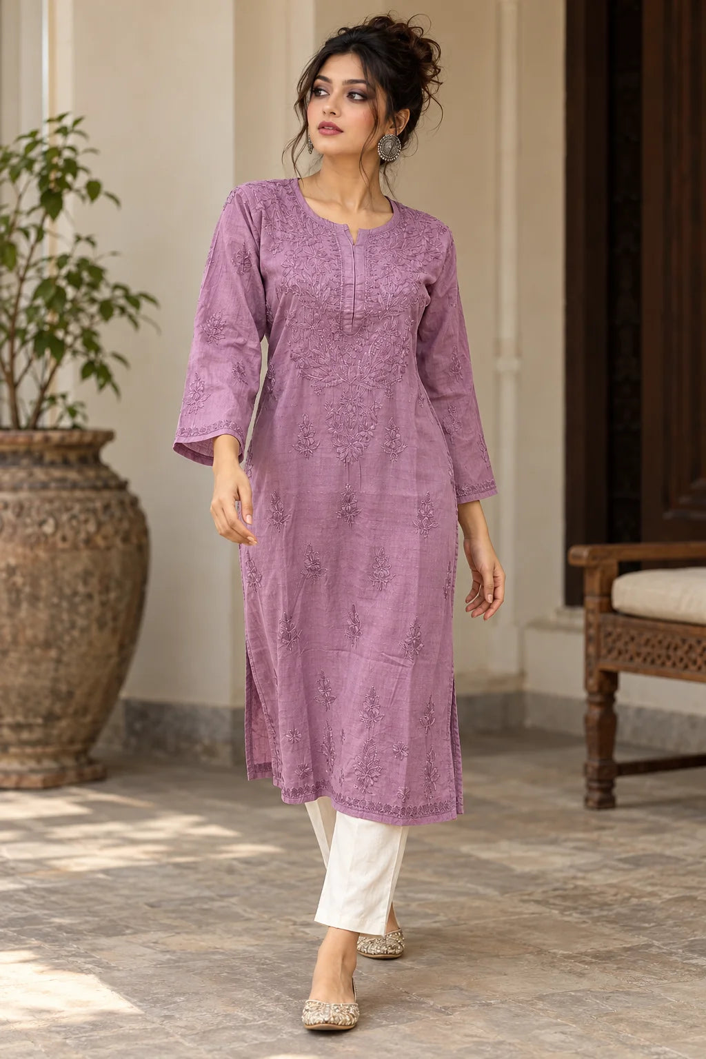 Lucknow Fashion Diary Hand Embroidered Lucknowi Chikankari Women's Mauve Dobby Cotton Kurta