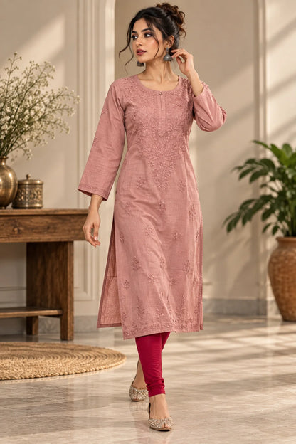 Lucknow Fashion Diary Hand Embroidered Lucknowi Chikankari Women's Dusky Mauve Dobby Cotton Kurta
