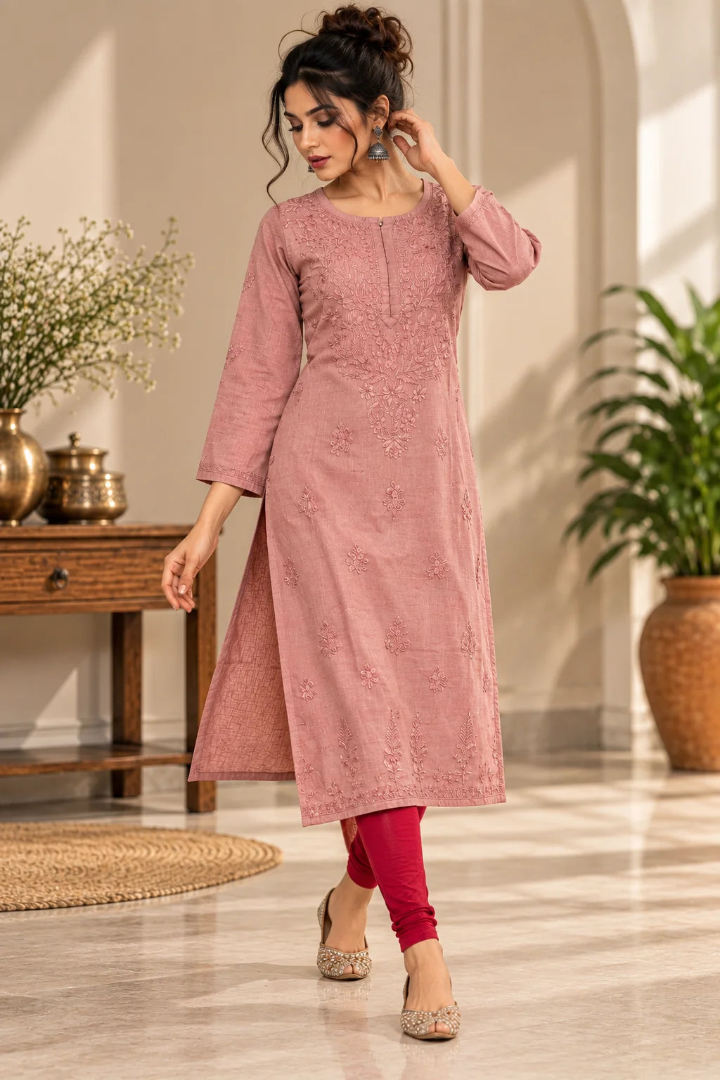 A woman models a dusty rose pink embroidered kurta with three-quarter sleeves, paired with bright pink leggings and beige patterned heels, in an elegant indoor setting with warm lighting.
