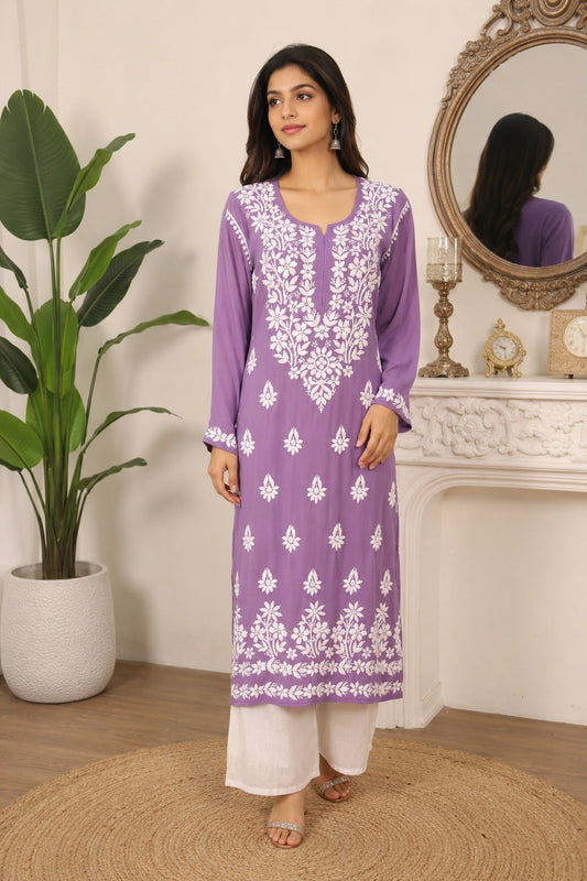 Lucknow Fashion Diary Hand Embroidered Lucknowi Chikankari Women's Mauve Modal Kurti