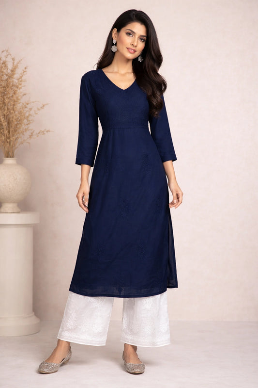 Lucknow Fashion Diary Hand Embroidered Lucknowi Chikankari Women's Navy Blue Cotton Angrakha