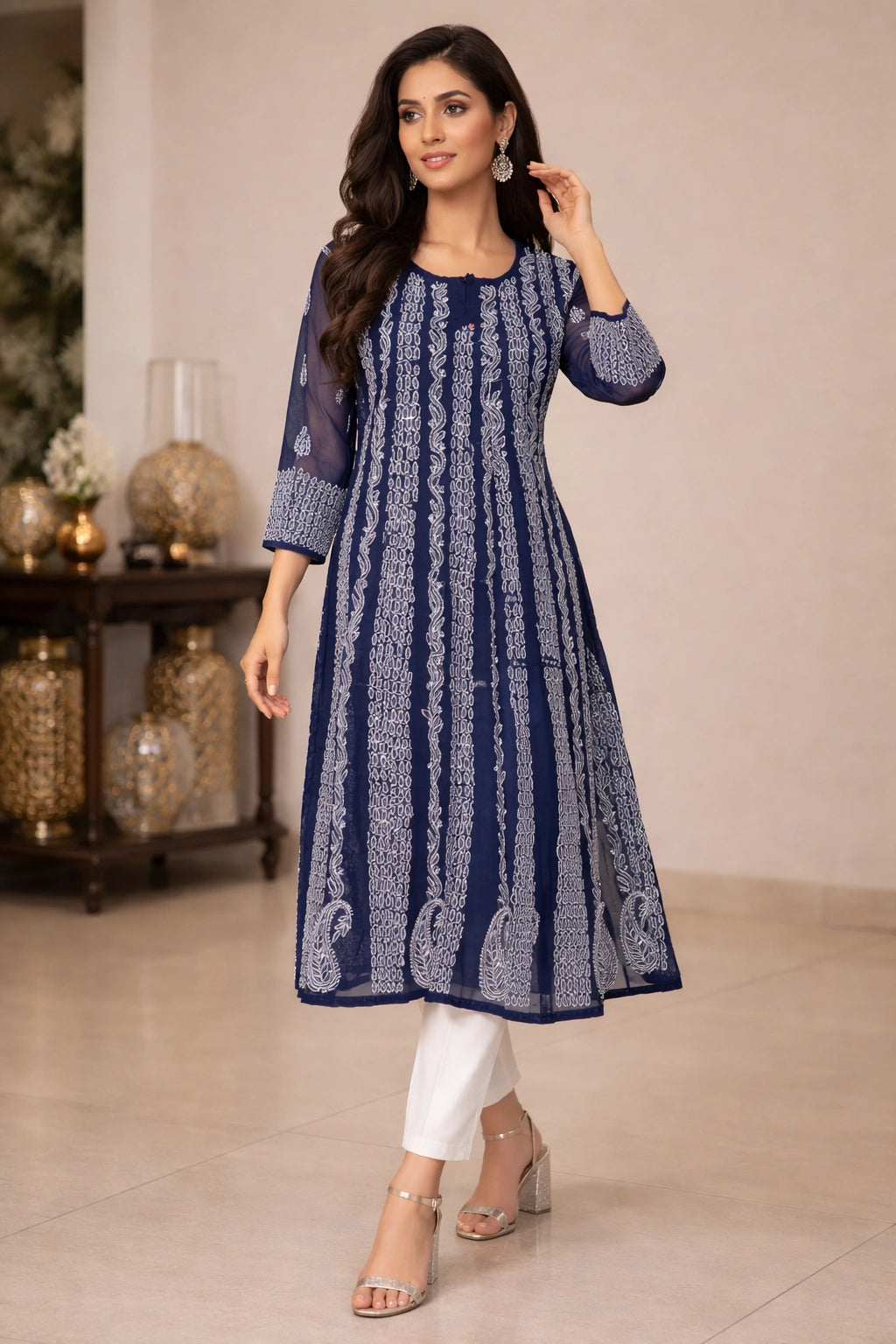 Lucknow Fashion Diary Hand Embroidered Lucknowi Chikankari Women's Navy Blue Georgette Anarkali