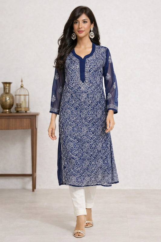 Lucknow Fashion Diary Hand Embroidered Lucknowi Chikankari Women's Navy Blue Georgette Kurti