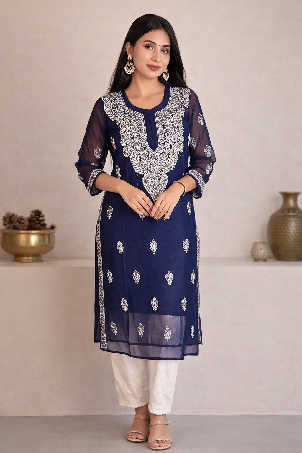 Lucknow Fashion Diary Hand Embroidered Lucknowi Chikankari Women's Navy Blue Georgette Kurti