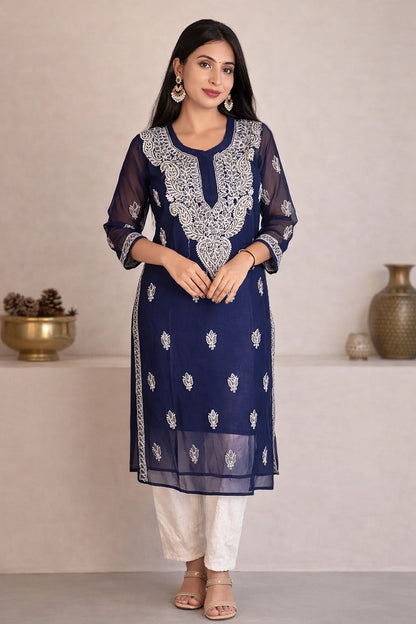 Lucknow Fashion Diary Hand Embroidered Lucknowi Chikankari Women's Navy Blue Georgette Kurti