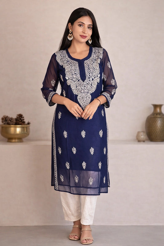 Lucknow Fashion Diary Hand Embroidered Lucknowi Chikankari Women's Navy Blue Georgette Kurti