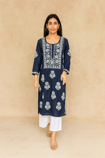Lucknow Fashion Diary Hand Embroidered Lucknowi Chikankari Women's Navy Blue Modal Kurti