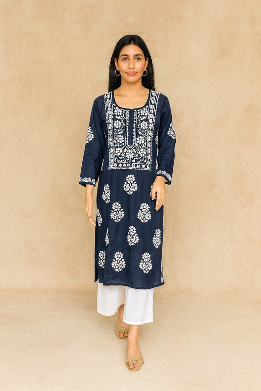 Lucknow Fashion Diary Hand Embroidered Lucknowi Chikankari Women's Navy Blue Modal Kurti
