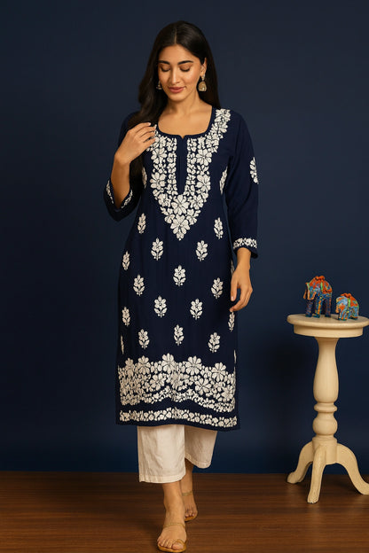 Lucknow Fashion Diary Hand Embroidered Lucknowi Chikankari Women's Navy Blue Modal Kurti