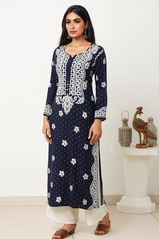 Lucknow Fashion Diary Hand Embroidered Lucknowi Chikankari Women's Navy Blue Rayon Kurti