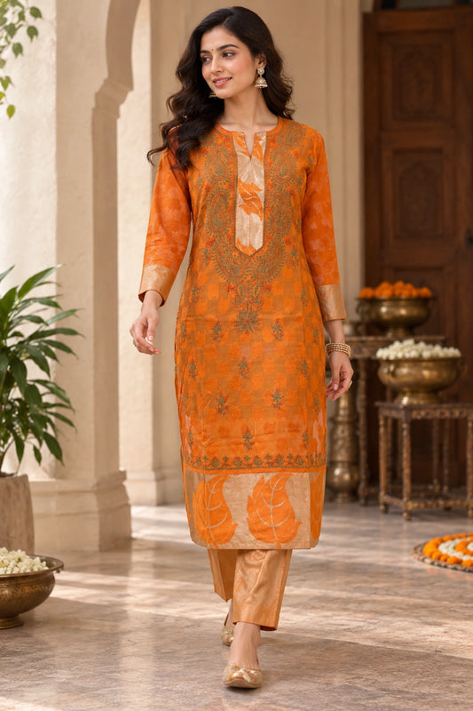 Lucknow Fashion Diary Hand Embroidered Lucknowi Chikankari Women's Orange Chanderi Kurti