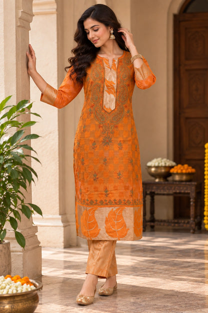 Lucknowi chikankari A woman models a traditional Indian salwar kameez suit in a warm orange and beige color palette, featuring an orange kurta with beige leaf patterns and matching beige trousers, set against a warm architectural background.