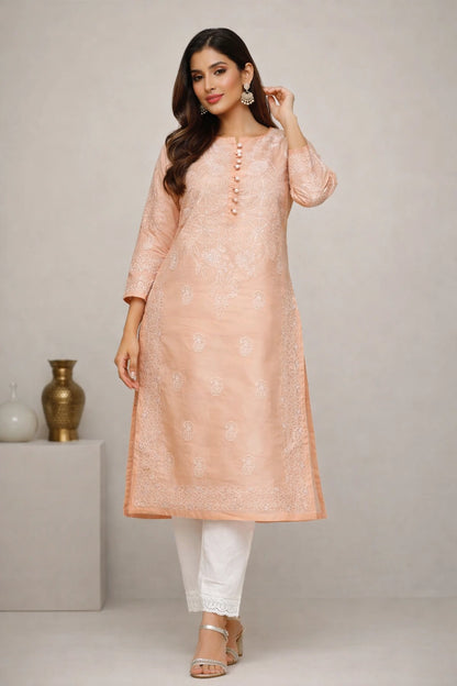 Lucknow Fashion Diary Hand Embroidered Lucknowi Chikankari Women's Orange Cotton Kurti