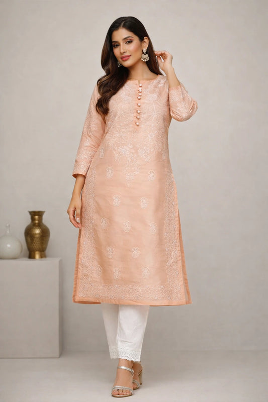 Lucknow Fashion Diary Hand Embroidered Lucknowi Chikankari Women's Orange Cotton Kurti