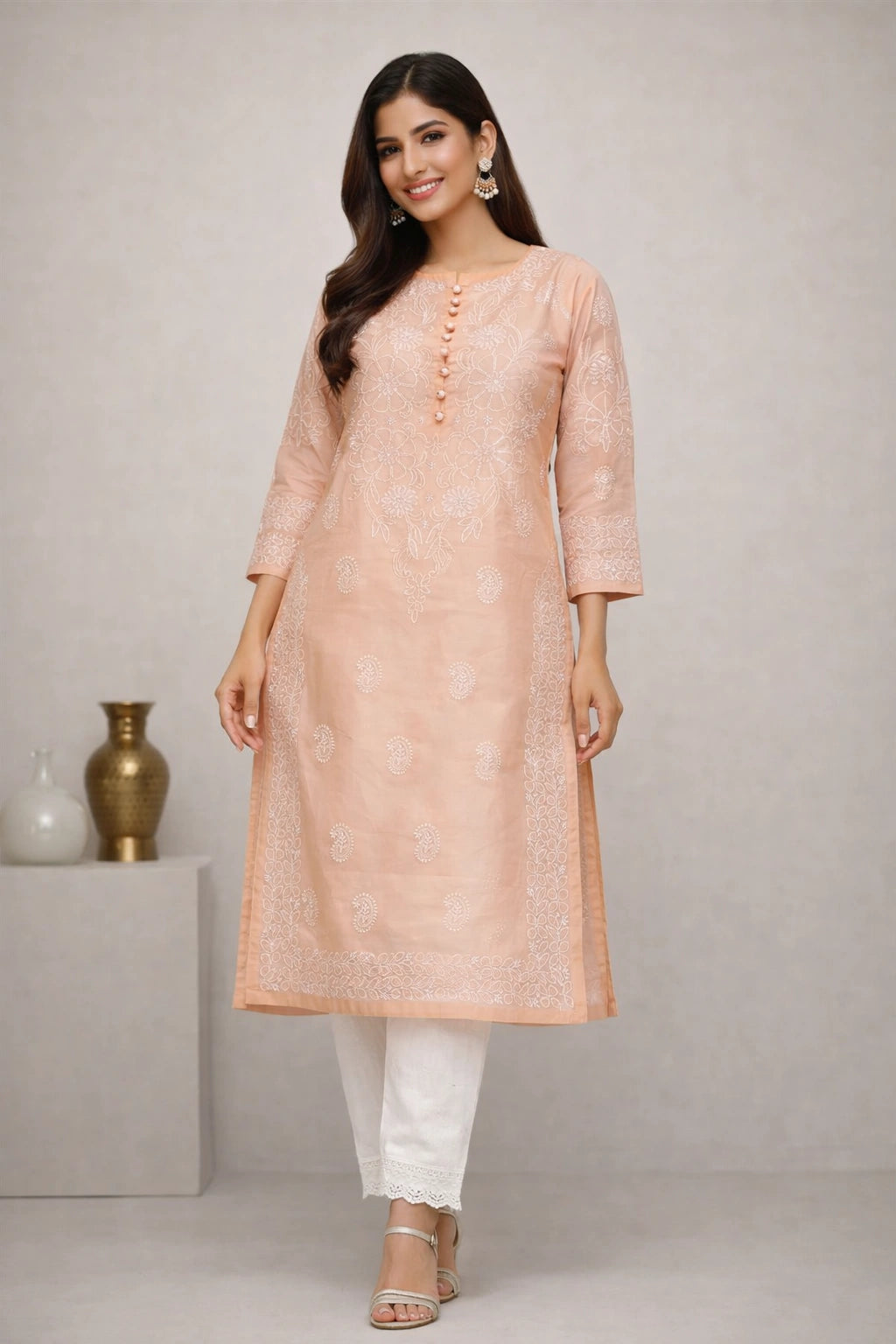 A woman models a peach-colored embroidered kurta with white pants in a studio setting with a light gray background and decorative vases.