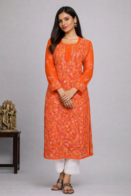 Lucknow Fashion Diary Hand Embroidered Lucknowi Chikankari Women's Orange Georgette Kurti