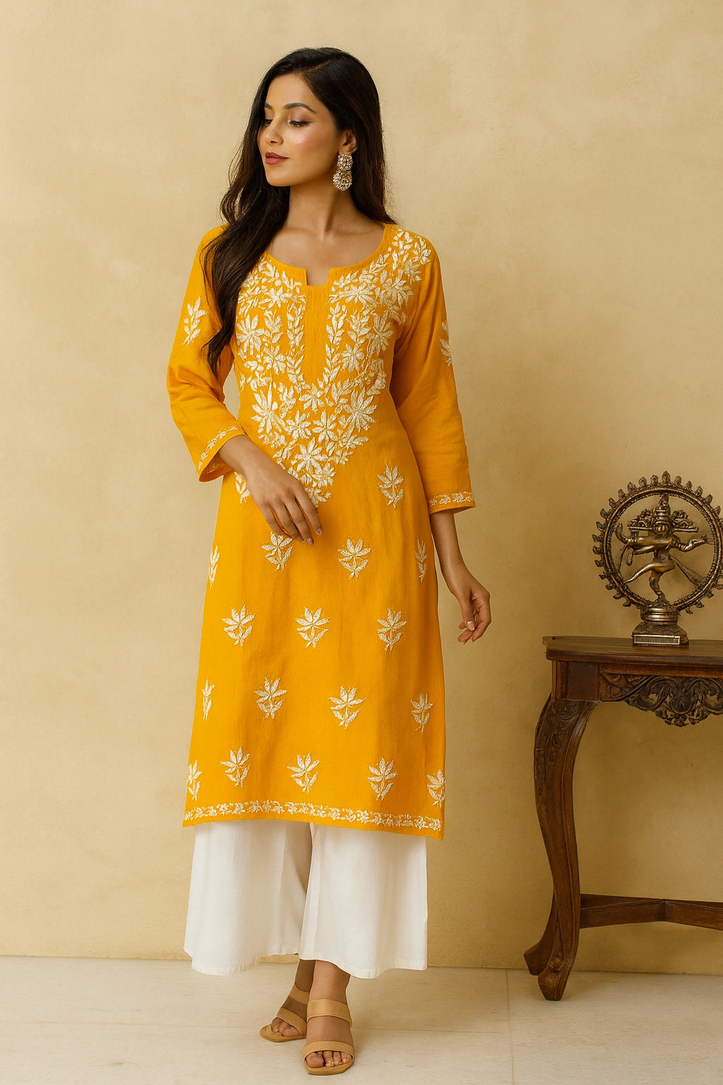 Lucknow Fashion Diary Hand Embroidered Lucknowi Chikankari Women's Orange Rayon Kurti