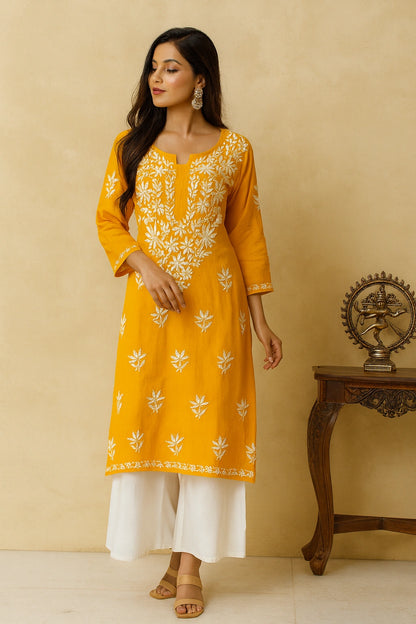 Lucknow Fashion Diary Hand Embroidered Lucknowi Chikankari Women's Orange Rayon Kurti