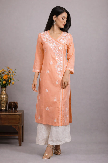 Lucknow Fashion Diary Hand Embroidered Lucknowi Chikankari Peach Cotton Angrakha