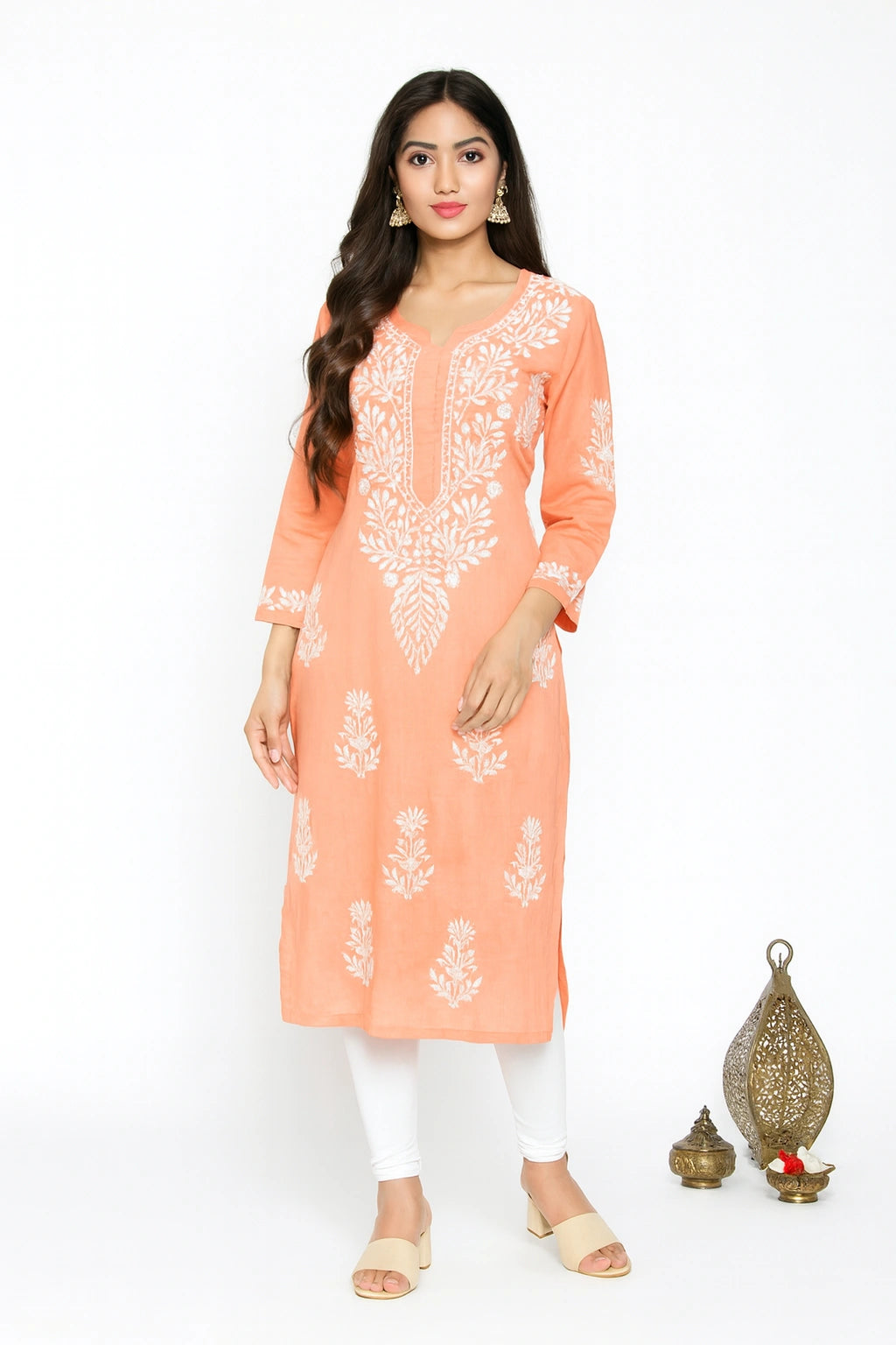 Lucknow Fashion Diary Hand Embroidered Lucknowi Chikankari Women's Peach Cotton Kurta