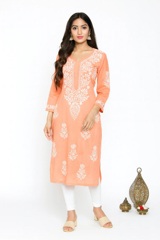 Lucknow Fashion Diary Hand Embroidered Lucknowi Chikankari Women's Peach Cotton Kurta