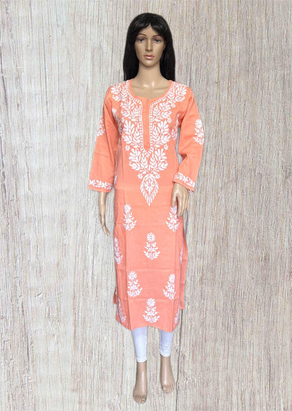 A peach-colored three-quarter sleeve kurta with white floral embroidery, displayed on a female mannequin against a light wood-textured background.