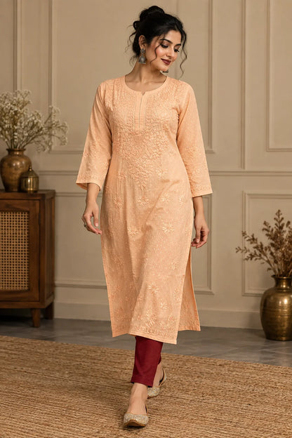 Lucknow Fashion Diary Hand Embroidered Lucknowi Chikankari Women's Peach Dobby Cotton Kurta
