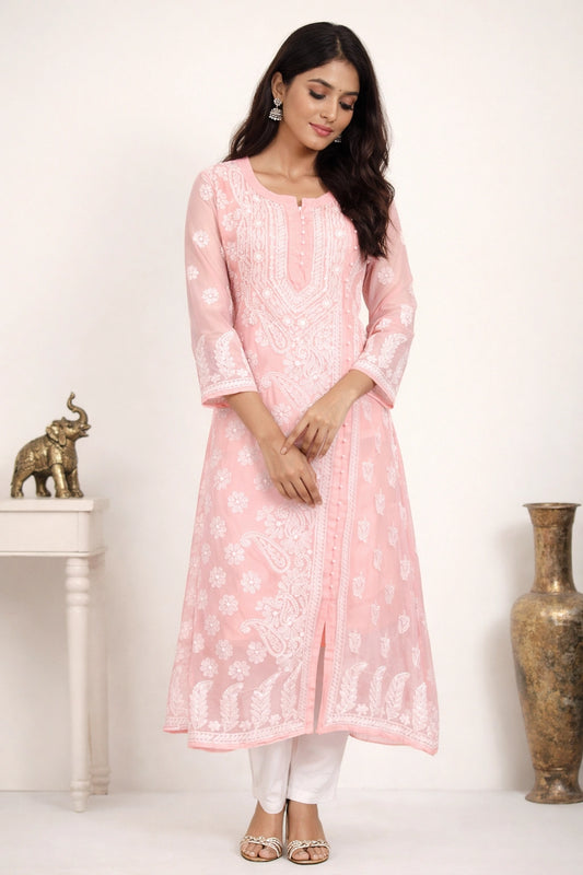 Lucknow Fashion Diary Hand Embroidered Lucknow Chikankari Women's Peach Georgette A-Line Kurti 