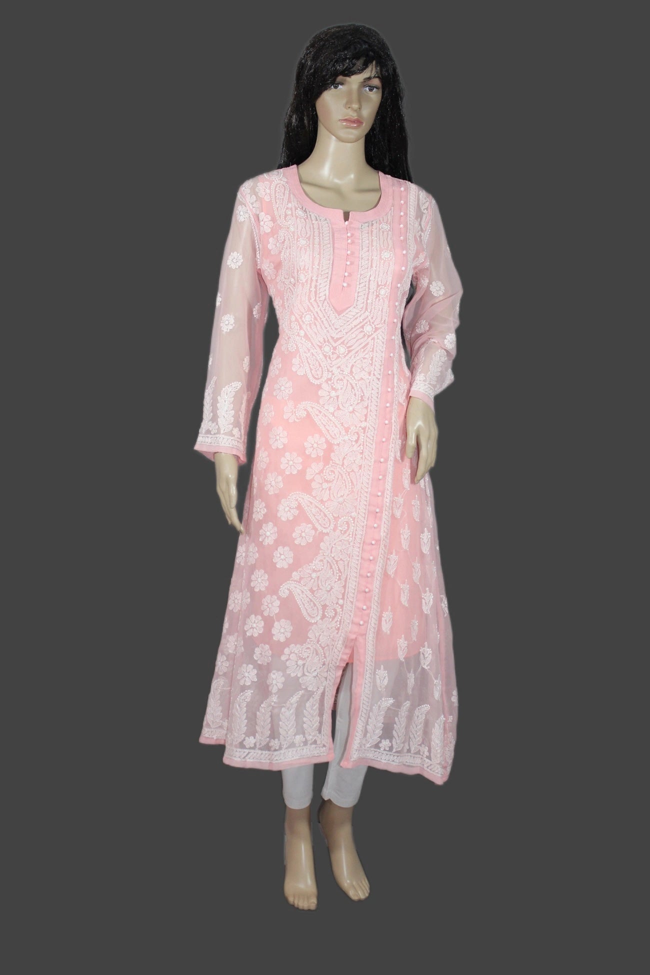 Mannequin wearing a pink embroidered kurta with a plain background