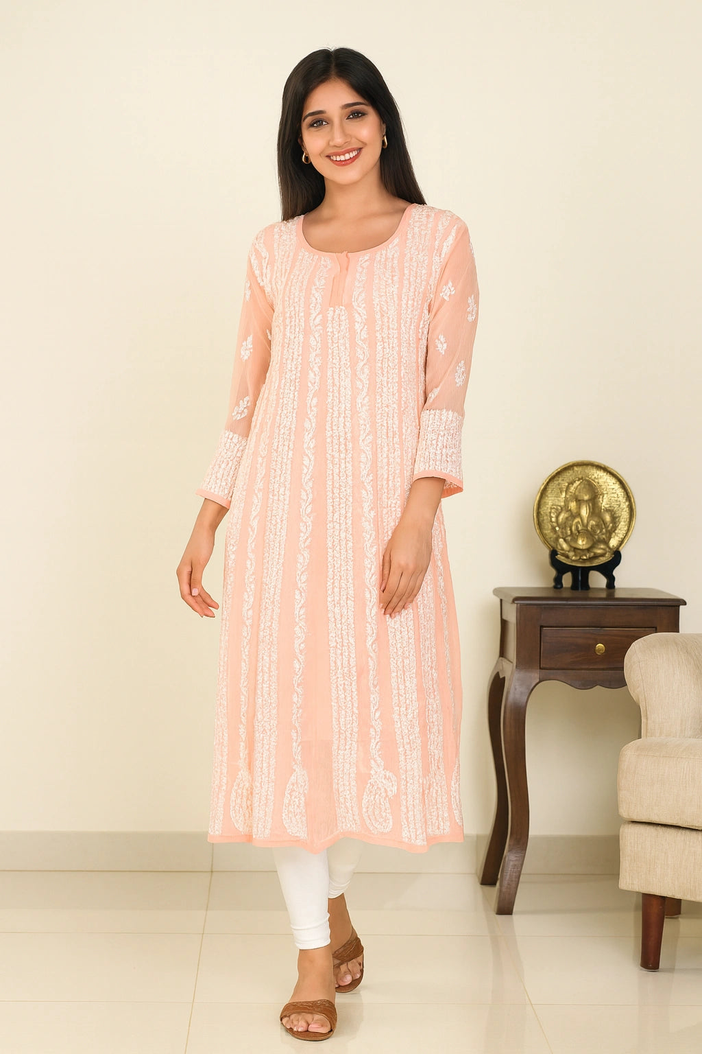 Lucknow Fashion Diary Hand Embroidered Lucknowi Chikankari Women's Peach Georgette Anarkali