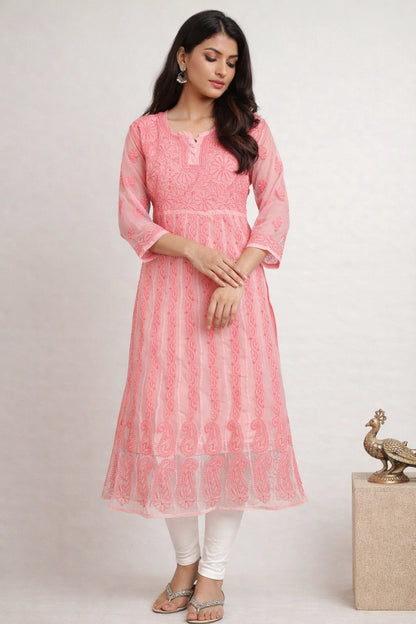 Lucknow Fashion Diary Hand Embroidered Lucknowi Chikankari Women's Peach Georgette Anarkali