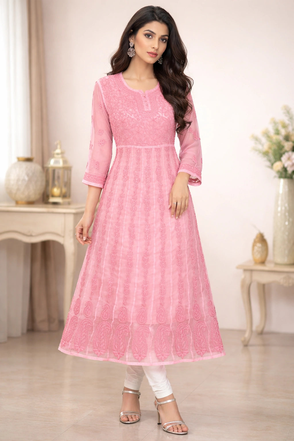 Lucknow Fashion Diary Hand Embroidered Lucknowi Chikankari Women's Peach Georgette Anarkali
