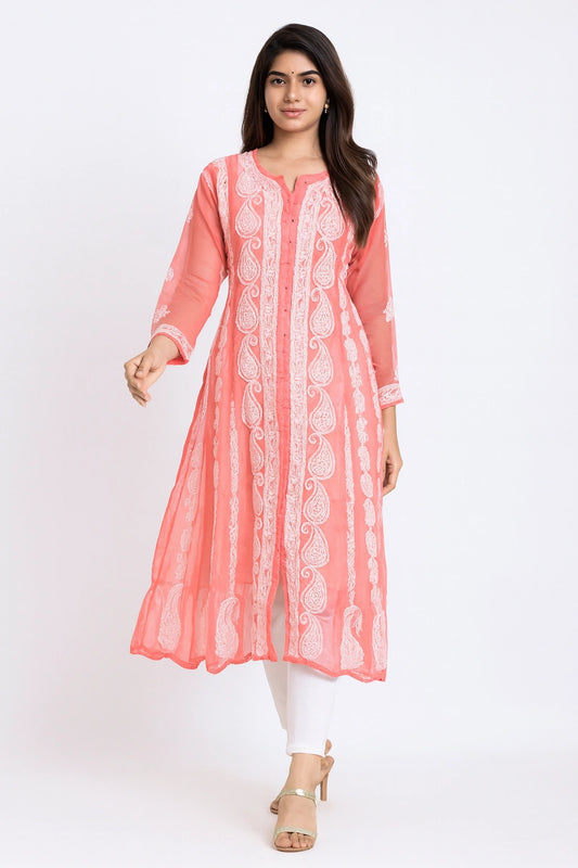 Lucknow Fashion Diary Hand Embroidered Lucknowi Chikankari Women's Peach Georgette Anarkali