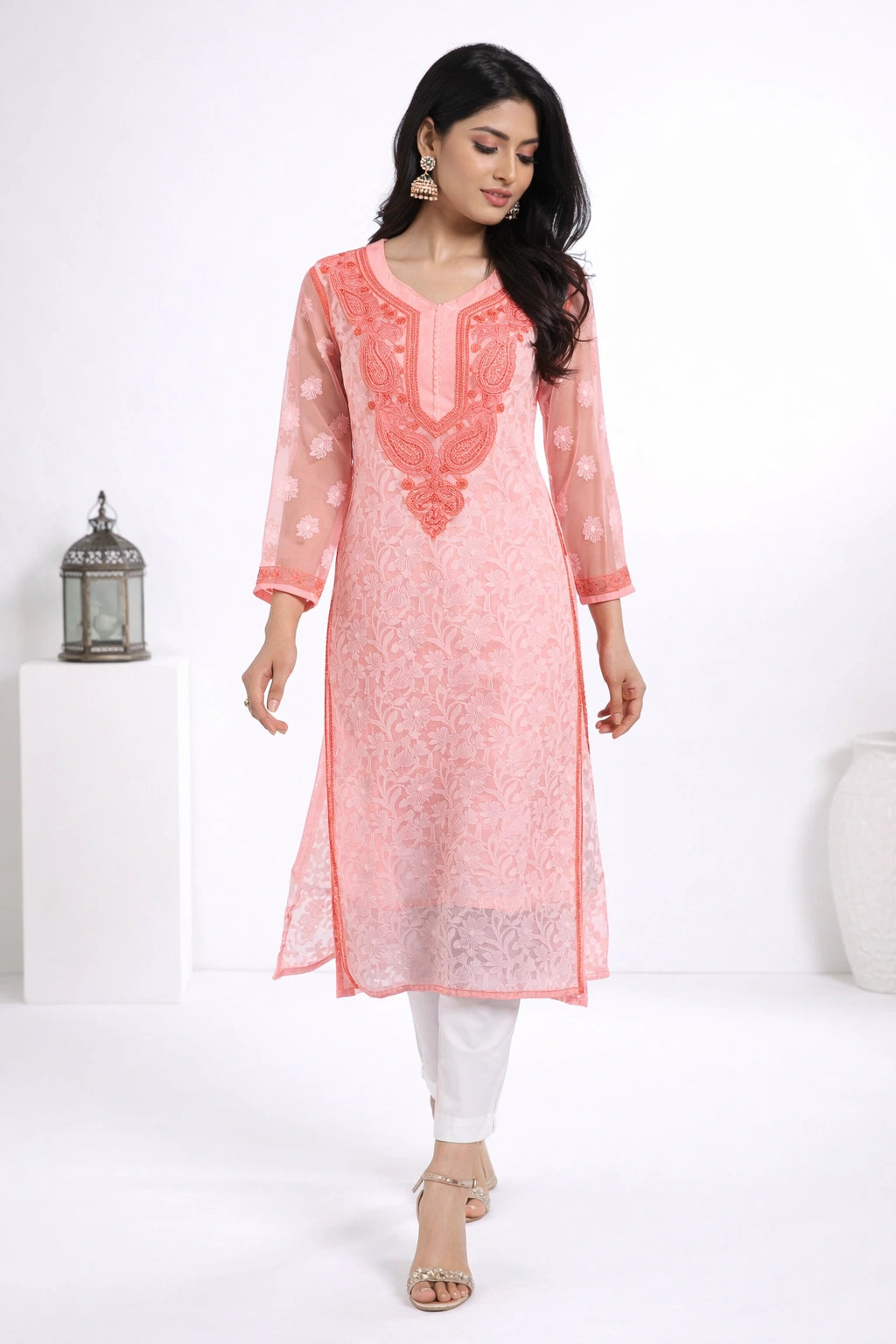 Lucknow Fashion Diary Hand Embroidered Lucknowi Chikankari Women's Peach Georgette Kurta
