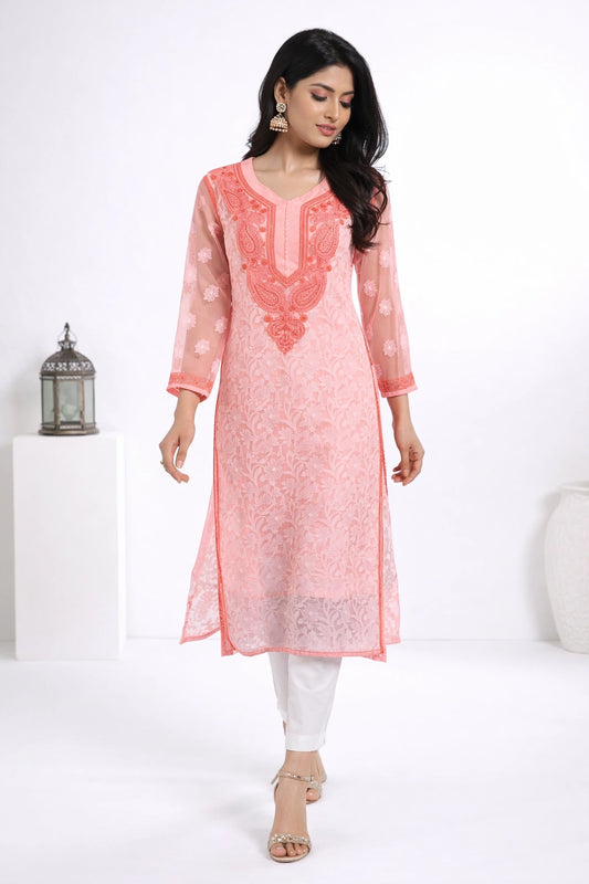 Lucknow Fashion Diary Hand Embroidered Lucknowi Chikankari Women's Peach Georgette Kurta