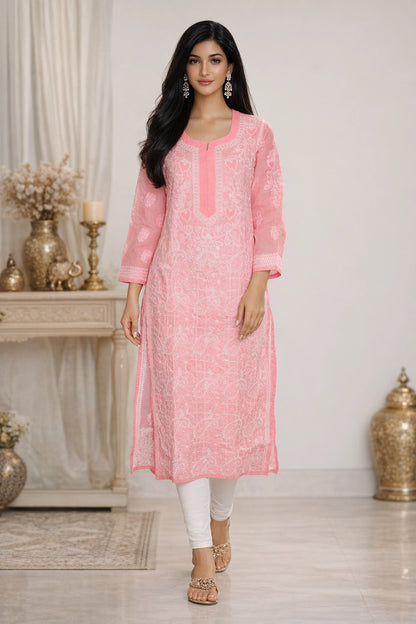 Lucknow Fashion Diary Hand Embroidered Lucknowi Chikankari Women's Peach Cotton Kurta