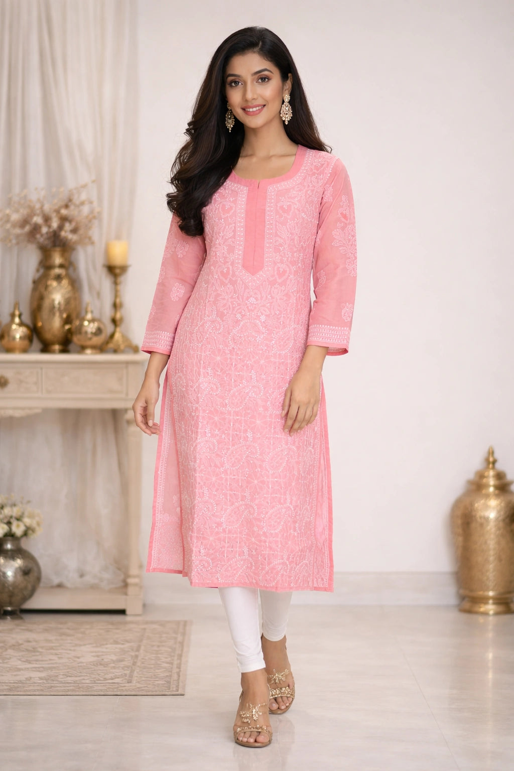 Woman wearing a pink kurta with white pants in an indoor setting