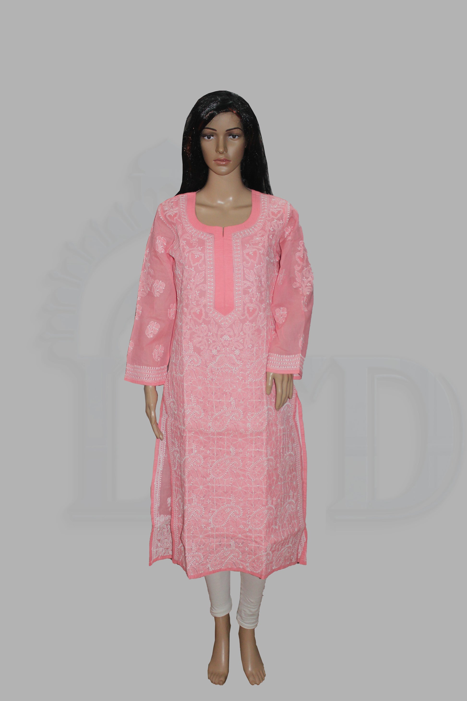 Pink embroidered kurta worn by a mannequin on a gray background