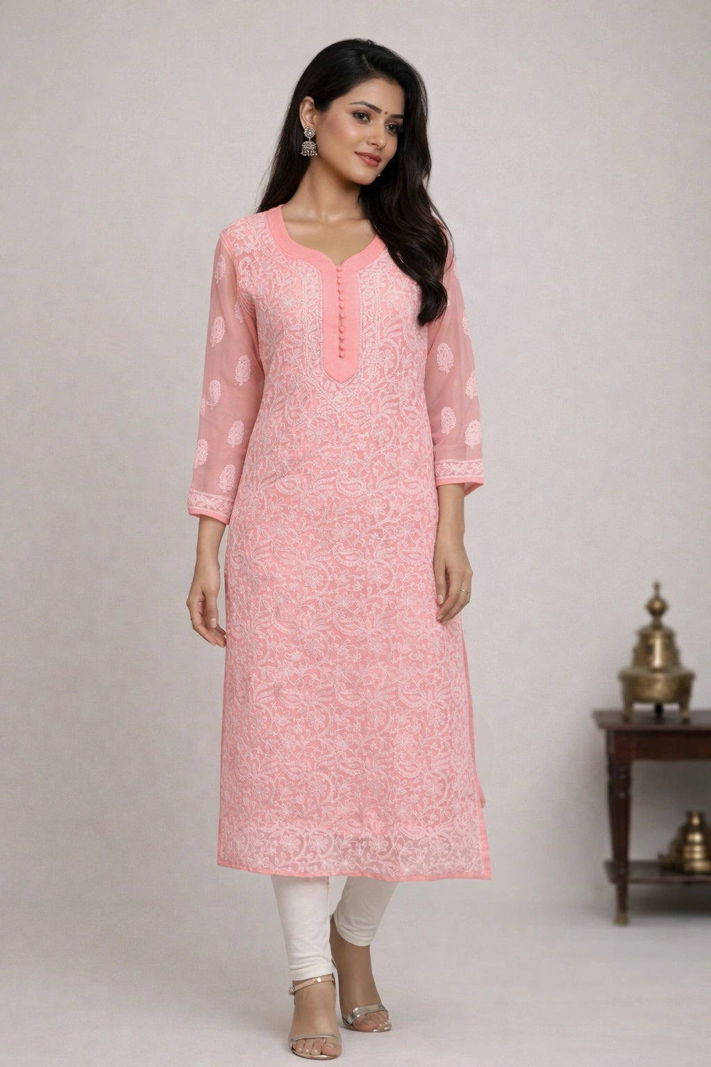 Lucknow Fashion Diary Hand Embroidered Lucknowi Chikankari Peach 'Aarooi' Georgette Kurti