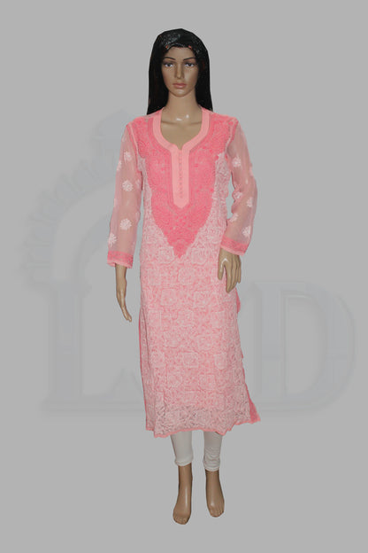 Mannequin wearing a pink embroidered kurta with white pants on a gray background