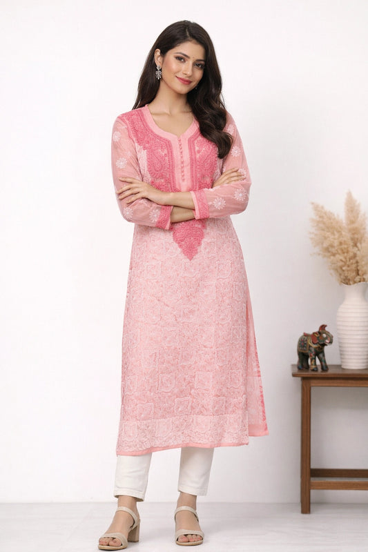 Lucknow Fashion Diary Hand Embroidered Lucknowi Chikankari Women's Peach Georgette Kurti