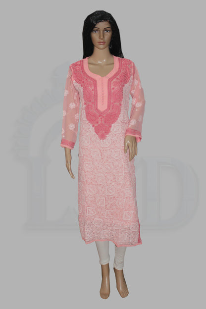 Mannequin wearing a pink embroidered kurta with white pants on a gray background